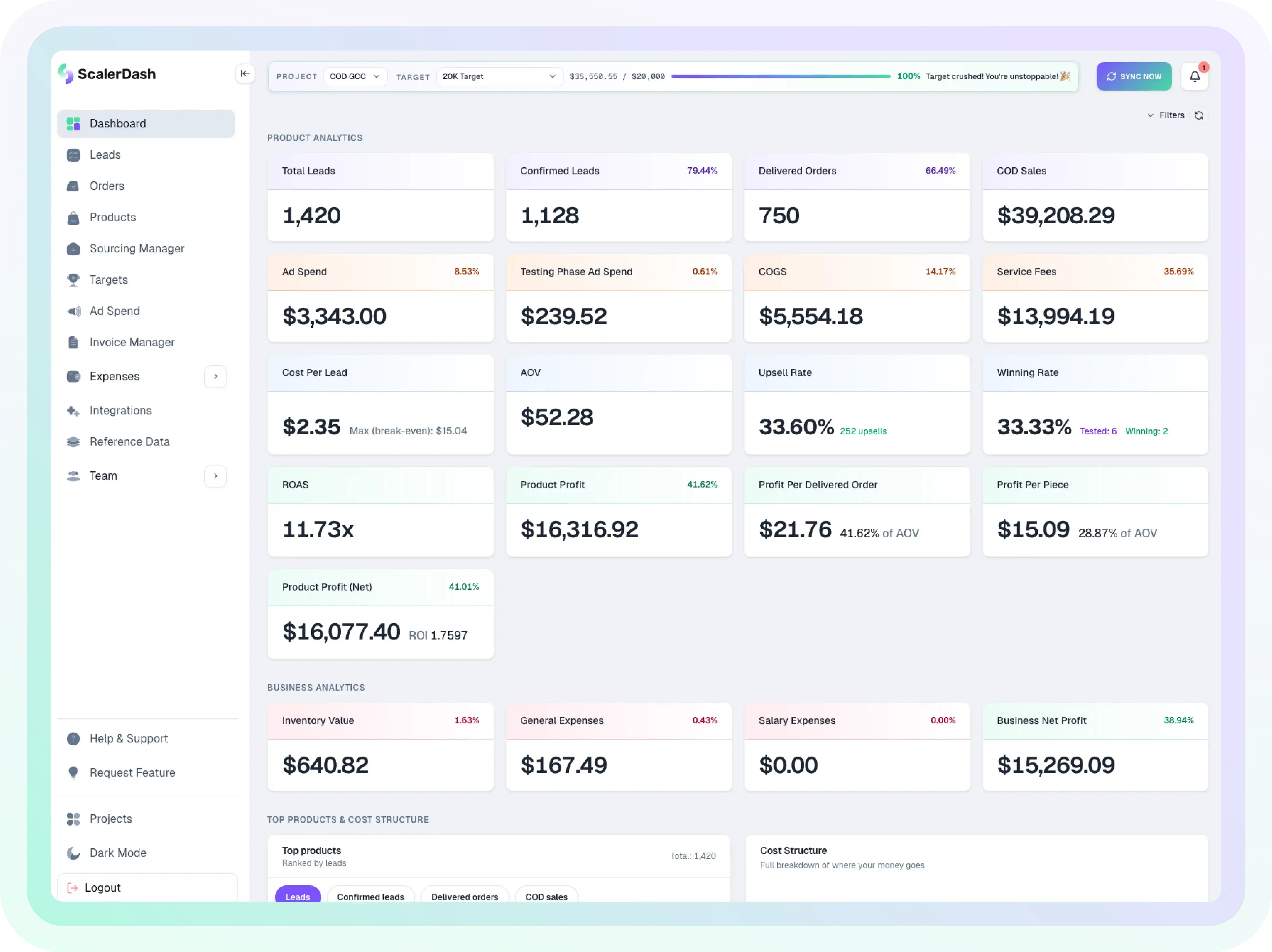 ScalerDash product preview — dashboard and metrics